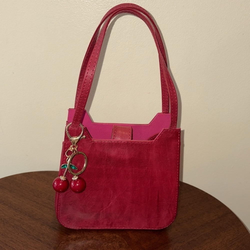 Handcrafted Leather mini box bag Easter basket leather red/hot pink inside